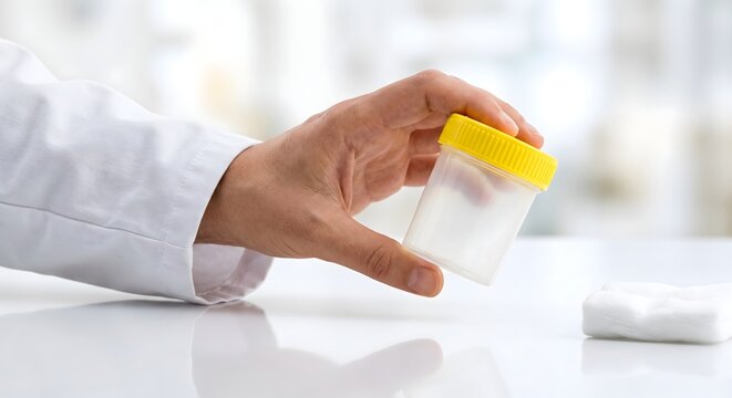 Medical professional in white lab coat holds clear plastic specimen container with yellow lid for clinical laboratory test.