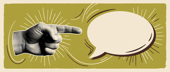 Obraz premium Creative collage art with hand pointing to empty speech bubble, blank thought or quote box, empty space for your text, modern banner template.