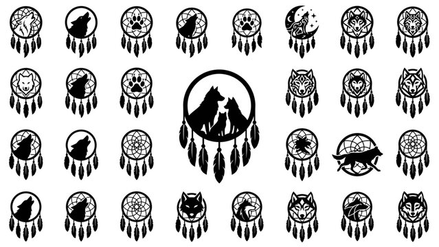 Wolf dreamcatcher icon set for native american inspired jewelry design, spiritual branding, tattoo art, and bohemian style graphic templates
