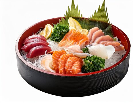 luxury japanese seafood platter with assorted sashimi including salmon tuna yellowtail mackerel scallops sea bream fresh vegetables lemon and wasabi isolated on white background