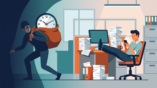Time thief stealing clock from distracted office worker, concept of procrastination and lost productivity, flat vector illustration
