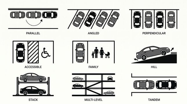 Car parking diagram set, parallel and perpendicular vehicle icons, accessible and multi-level parking layout graphics