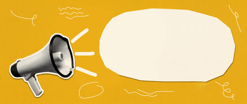 Bright yellow background featuring retro megaphone illustration with halftone print effect and blank speech bubble shape for creative promotional advertising and retail digital marketing communication