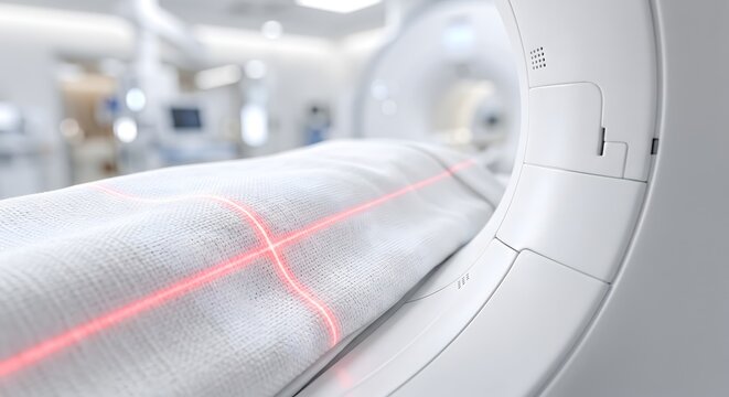 Modern ct scanner machine with red laser alignment light on patient bed in high tech clinical radiology room.