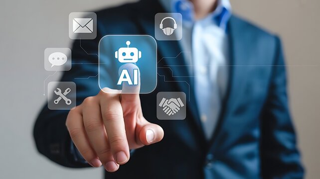 Businessman touching AI virtual screen icon for smart customer service automation
