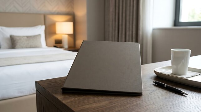Cozy hotel room desk with welcome folder, pen, and notepad, ready for guests