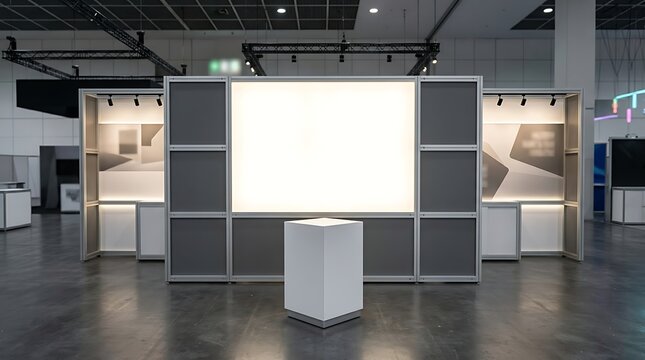 Modern modular exhibition booth with blank glowing screen and pedestal display