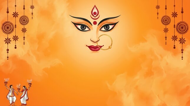 Goddess durga face illustration with traditional decorations for durga puja festival celebration on orange background