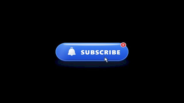 Glossy blue subscribe button animation with cursor click and notification bell