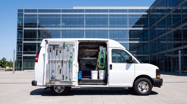 White service van with open doors displaying professional cleaning equipment and supplies, ready for facility maintenance at a modern corporate office building on a sunny day