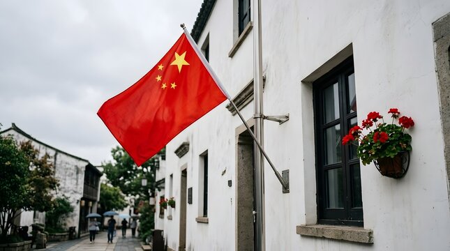 Chinese national flag waving outside a traditional building on Chinas National Day