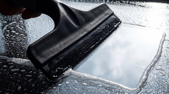 Hand with a squeegee efficiently wiping soapy water from a glass surface, creating a clear, reflective patch and representing concepts of cleanliness, maintenance, and a fresh perspective