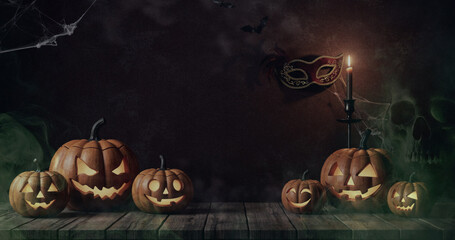 Obraz premium Halloween Night Background with Row of Glowing Jack O Lantern Pumpkins, Venetian Masquerade Mask, Burning Candle and Wooden Table with Copy Space for Halloween Party Banner, Poster