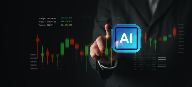 AI financial analytics interface with candlestick market chart and hand touch for automated investing data analysis and trading technology