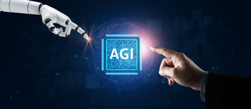 AGI artificial general intelligence concept with robotic and human hands interacting with digital microchip for future AI technology