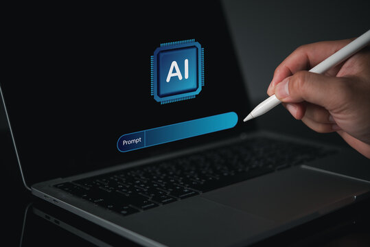 AI prompt interface on laptop with hand using stylus for generative artificial intelligence workflow content creation and digital productivity