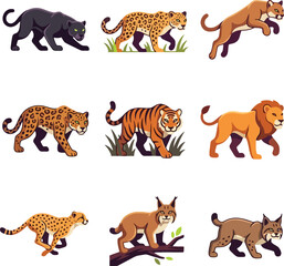 Obraz premium Nine distinct wild cats, including a black panther, leopard, cougar, jaguar, tiger, lion, cheetah, lynx, and sabertooth tiger, are illustrated in various walking and pouncing poses.