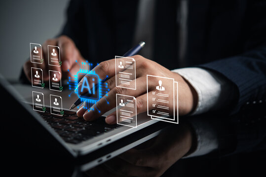 AI recruitment screening resumes on laptop with digital candidate profiles for automated hiring workflow and talent acquisition technology