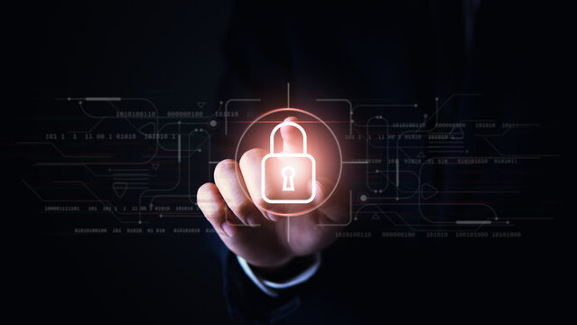 Cybersecurity lock interface touched by business user on dark digital network background for data protection and secure access technology