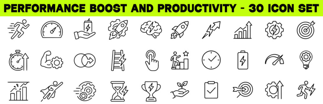 Performance Boost and Productivity Icon Set. Featuring KPI Tracker, Performance Review, Goal Setting, Benchmarking, Work Balance. Editable Vector Icons