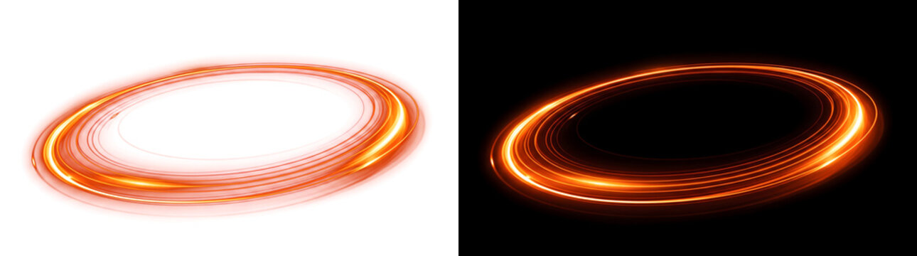 Glow orange light ring circular swirl effect isolated for design and technology projects with PNG, Transparent and Black Background Versions