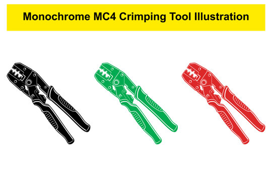 Monochrome MC4 crimping tool illustration in three colors for solar panel wiring installation and repair.