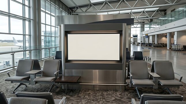 Empty Modern Airport Terminal Lounge Waiting Area Featuring a Large Blank Digital Advertising Display Screen for Travel Information