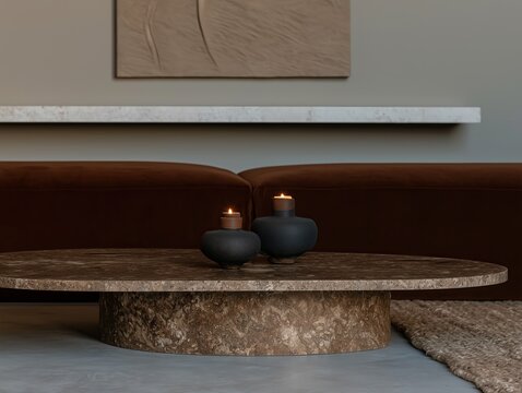 Organic stone coffee table with sculptural candle holders and brown sofa in cozy wabi sabi quiet luxury living room