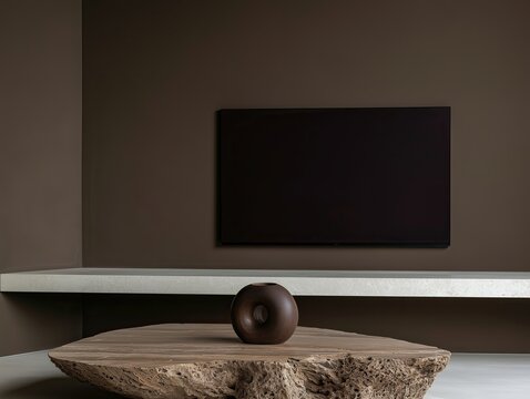 Minimalist TV living room with organic stone coffee table and sculptural decor in moody quiet luxury interior