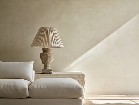 Cozy neutral sofa with vintage stone table lamp in sunlit wabi sabi living room with warm quiet luxury aesthetic