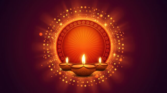 Three glowing traditional oil lamps diya with decorative orange round frame for diwali festival celebration