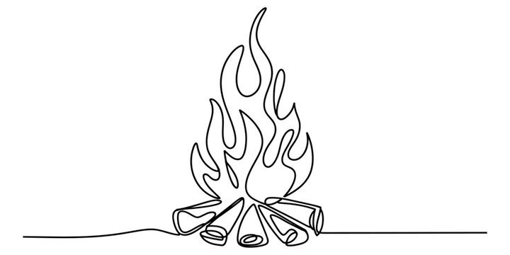 Bonfire flame burning with wooden logs as continuous line drawing for camping adventure travel and outdoor recreation design.