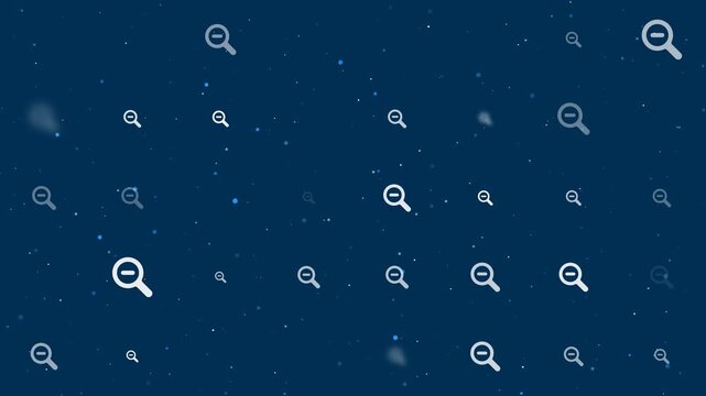 Template animation of evenly spaced zoom out symbols of different sizes and opacity. Animation of transparency and size. Seamless looped 4k animation on dark blue background with stars