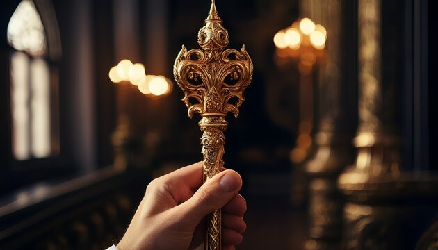 hand holding ornate golden scepter in dimly lit room symbol of power and authority
