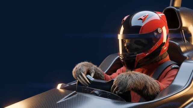A humorous sloth dressed as a professional race car driver wearing a red helmet and suit sitting in a high-performance formula car cockpit.