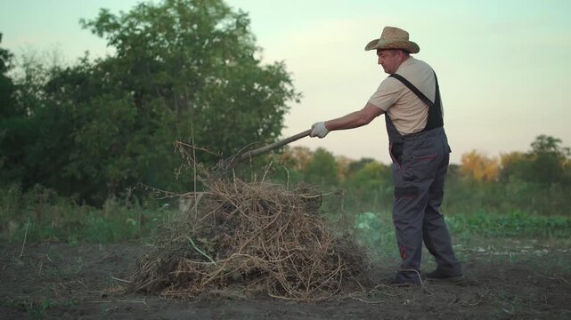 The farmer in straw hat uses a pitchfork to lift dry grass and weeds from a garden bed, showing continuous action in a rural setting with trees and clear sky in the background