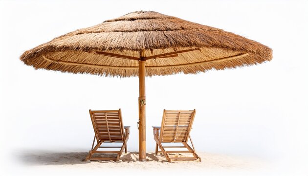 straw beach umbrella with beach chair isolated on a white background