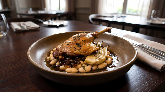 Crispy french duck confit leg served with white beans and braised fennel in ceramic bowl
