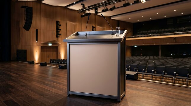 Photorealistic modern conference podium with a blank white sponsor wall mockup in an empty auditorium hall