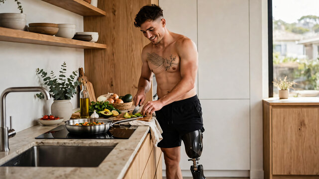 Jeune homme avec proth&egrave;se de jambe se pr&eacute;parant &agrave; manger sure le plan de travail de sa cuisine