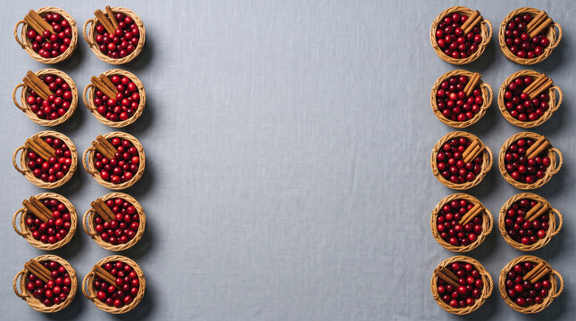 Symmetric rows of small wicker baskets filled with fresh red cranberries and cinnamon sticks.