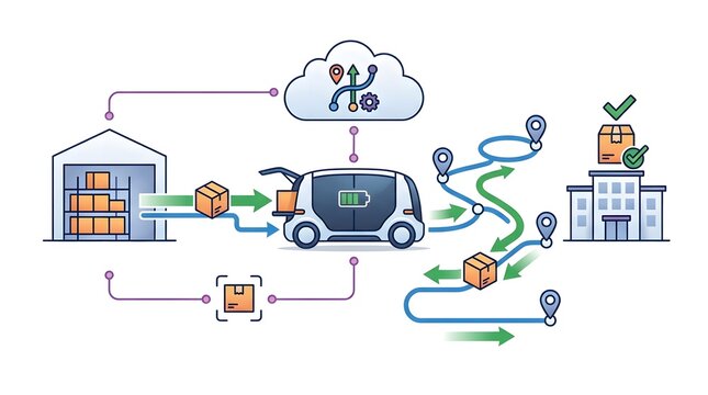 Autonomous delivery vehicle transporting packages from warehouse to destination with cloud logistics