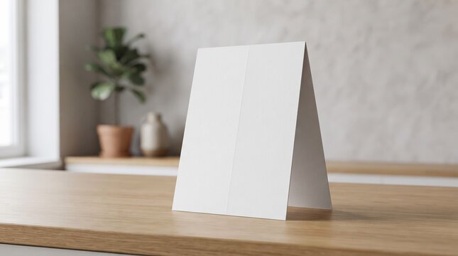 Blank white standing folded paper card mockup placed on smooth wooden table surface inside bright modern interior space for branding presentation and marketing promotion design display in high quality