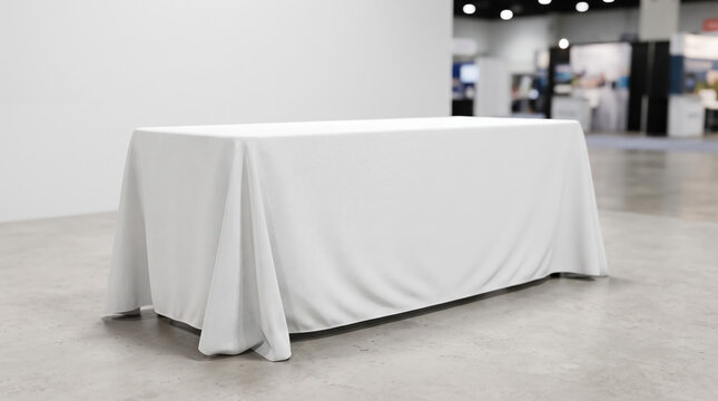 Rectangular exhibition table covered with a clean white fabric cloth standing in an empty convention center hall showcasing a professional display space ready for promotional branding and corporate ev