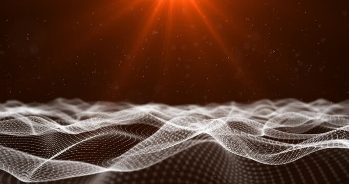 High angle flight glides over a high density white plexus web waving across dark orange backdrop. Floating geometric particles scatter into warm atmospheric light beams.