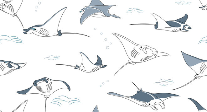 Seamless repeating pattern of blue and white manta rays swimming in water on a clean white background.