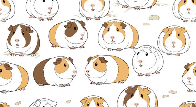 Adorable seamless pattern of cute chubby guinea pigs in different colors on clean white background.