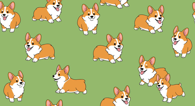 Cheerful and lovely seamless pattern of cute welsh corgi puppies playing and running on bright green background.