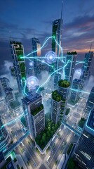 Fototapeta premium Futuristic ecofriendly city skyline with glowing light energy connections at twilight
