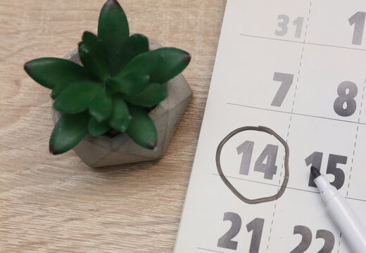 Paper calendar on the table with the number 14 circled.